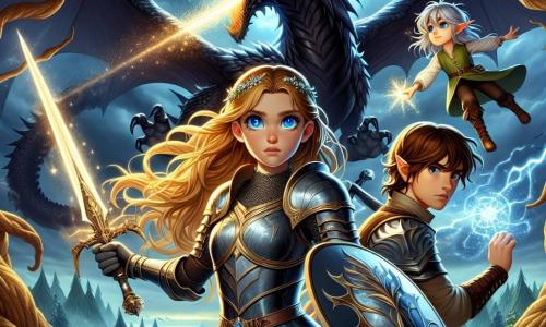 Lyra, une jeune chevaleresse aux longs cheveux d'or, se tient fièrement au centre de la scène, son armure scintillante reflétant la lumière du soleil. Elle brandit une épée étincelante, prête à affronter un dragon noir menaçant qui rugit au-dessus d'elle. À ses côtés, Kael, un jeune homme de 18 ans aux cheveux bruns, se prépare à l'aider, vêtu d'une armure légère et tenant un bouclier. Finn, un petit elfe aux cheveux argentés, lance des éclats de lumière magique vers le dragon depuis une branche d'arbre. Le décor est celui du Royaume des Tempêtes, avec des nuages sombres et des éclairs illuminant le paysage. Lyra et ses amis sont unis face au dragon, prêts à combattre pour protéger leur royaume, illustrant le courage et l'amitié qui les lient dans cette aventure héroïque.