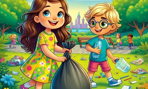 Lila, une petite fille de 6 ans aux longs cheveux bruns et aux yeux pétillants, sourit en tenant un grand sac poubelle. Elle porte une robe jaune à fleurs et des sandales roses, accroupie pour ramasser des déchets dans le parc. À ses côtés, Hugo, un garçon de 6 ans aux cheveux blonds et lunettes rondes, tient une bouteille en plastique, déterminé. Un peu plus loin, Emma, également âgée de 6 ans avec des cheveux bouclés et un t-shirt bleu, ramasse des papiers. Le parc, avec ses fleurs colorées et ses arbres verdoyants sous un ciel bleu, est parsemé de déchets. Lila et ses amis nettoient le parc en riant, transformant un lieu sale en un espace propre et joyeux.