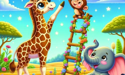 Une girafe nommée Gigi, avec un long cou et une peau tachetée, se tient sur une échelle faite de fleurs et de branches, émerveillée en touchant une étoile. À côté, un petit singe nommé Momo grimpe sur une branche en l'encourageant. En dessous, une éléphante sage, Éléna, applaudit, entourée de fleurs et de verdure. Le décor est une savane dorée sous un ciel bleu, créant une ambiance magique. La scène représente Gigi atteignant son rêve de toucher les étoiles, entourée de ses amis.
