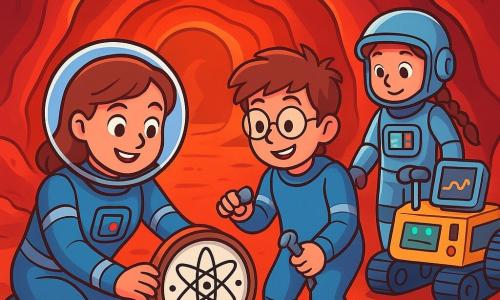 Léa, une femme souriante aux yeux curieux, porte une combinaison spatiale bleue avec des rayures argentées et pose une horloge atomique sur une pierre dans un tunnel de lave martien. À ses côtés, Max, un garçon de 12 ans aux cheveux bruns en bataille et lunettes rondes, l'aide avec un outil, admirant son travail. Clara, une fille de 10 ans avec des tresses et un casque, observe les écrans des robots porteurs, souriant en voyant Léa et Max. Le tunnel de lave, aux murs brillants de rouge et d'orange, est éclairé par des lampes, créant une atmosphère mystérieuse. Léa et son équipe synchronisent les horloges atomiques, unis par la joie de découvrir cet espace unique sur Mars.