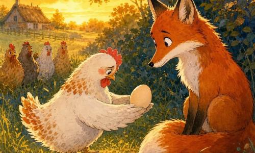 La poule Coquette, petite poule blanche honteuse mais déterminée, tend doucement un œuf crème sur ses ailes à un renard roux surpris et attendri, assis près d’un buisson tandis que d’autres poules regardent depuis la lisière d’un petit bois au soir doré, herbes hautes et ferme au loin, la scène baignée d’une lumière chaude évoquant réconciliation, émotion et pardon.