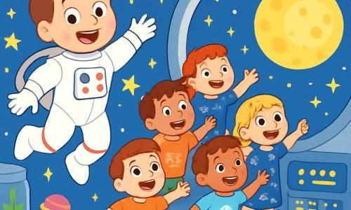 Un astronaute nommé Paul flotte joyeusement dans sa combinaison spatiale blanche, souriant avec des yeux pétillants d'excitation. Il est entouré d'étoiles scintillantes et de planètes colorées. À ses côtés, un groupe d'enfants, trois garçons et deux filles âgés de 5 à 7 ans, flottent aussi. Les garçons portent des t-shirts d'astronautes et les filles des robes étoilées, riant et pointant vers la Lune brillante à travers une grande fenêtre de la station spatiale. La scène se déroule dans une station spatiale futuriste aux murs argentés et panneaux lumineux, avec des plantes vertes flottant dans des tubes transparents. Paul et les enfants découvrent l'espace ensemble, émerveillés par la Lune et les étoiles.