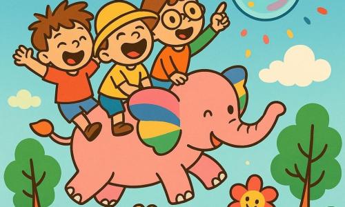 Trois amis, Léo, Tom et Max, tous âgés de 4 ans, sont réunis dans un jardin magique. Léo, avec des cheveux en bataille et un t-shirt rouge, saute de joie près d'un éléphant rose aux ailes colorées. Tom, portant un chapeau trop grand, rit à ses côtés, tandis que Max, avec des lunettes rondes, pointe vers le ciel. Ils sont sur le dos de l'éléphant volant, s'élevant au-dessus des arbres, avec une bulle de savon géante flottant devant eux et des confettis scintillants tombant autour.