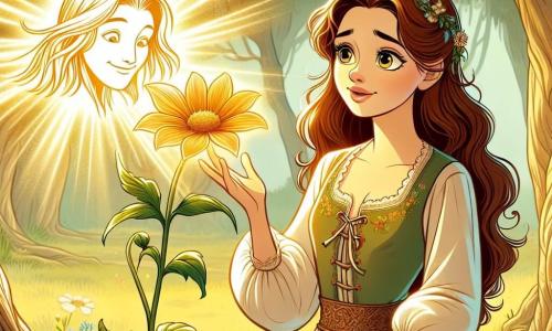 Eléonore est une jeune femme d'environ 20 ans, avec de longs cheveux châtains ondulés et des yeux pétillants de curiosité. Elle porte une robe en lin verte ornée de fleurs brodées et se tient devant une magnifique fleur dorée, rayonnante de lumière, avec un sourire émerveillé. À proximité, un esprit bienveillant, sous la forme d'une silhouette lumineuse, flotte au-dessus de la fleur, semblant encourager Eléonore. Le décor est un champ enchanteur au cœur d'une forêt magique, entouré d'arbres majestueux et d'un tapis de fleurs colorées, illuminé par des rayons de soleil. Eléonore, émerveillée, touche délicatement la fleur dorée, tandis que l'esprit lui révèle le pouvoir de son vœu. L'atmosphère est magique et pleine d'espoir, capturant l'essence d'un conte de fées.