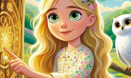 Au centre de l'image, Lira, une jeune fille d'environ 12 ans, sourit avec détermination. Elle a de longs cheveux dorés, des yeux verts pétillants et porte une robe légère à motifs floraux. Elle insère une clé scintillante dans un symbole mystérieux sur le tronc d'un grand chêne, mêlant courage et émerveillement. À côté, Olwen, une chouette sage aux plumes blanches et dorées, l'observe attentivement depuis une branche, semblant l'encourager. Le décor est la vallée Émeraude, un paysage enchanteur de fleurs colorées et de rivières scintillantes, sous un ciel bleu éclatant. Lira, déterminée, protège sa vallée en utilisant des clés magiques pour sceller le symbole d'un titan endormi, tandis qu'Olwen veille sur elle, prête à l'aider.