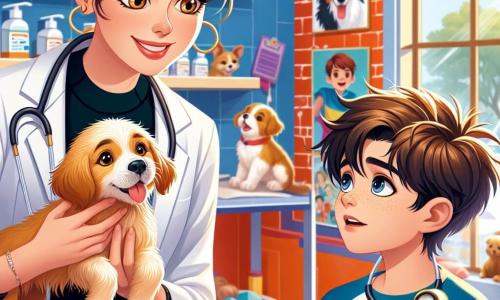 Au centre de l'image, la vétérinaire Dr. Camille Leclerc, une femme d'une trentaine d'années avec des cheveux châtains en chignon désordonné et des yeux noisette, examine un petit golden retriever qu'elle tient dans ses bras. Elle affiche un sourire chaleureux, alliant concentration et bienveillance. À ses côtés, Lucas, un garçon de douze ans aux cheveux en bataille et en t-shirt de super-héros, observe avec fascination, tenant un stéthoscope et impatient d'apprendre. La scène se déroule dans une clinique vétérinaire colorée, avec des murs en briques rouges et des fresques d'animaux. L'image illustre l'apprentissage et la compassion entre la vétérinaire et le jeune passionné par les animaux.