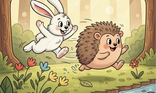 Un petit hérisson joyeux (yeux ronds brillants, large sourire, joues roses, piquants brun clair, corps rond, petites pattes) en plein saut vers la droite et un lapin blanc nommé Léo (pelage duveteux, longues oreilles souples, sourire malicieux) sautant vers lui, jouant au bord d’un ruisseau peu profond aux cailloux lisses, quelques fleurs colorées, mousse verte et arbres en arrière-plan, lumière tachetée, lignes de mouvement et expressions rieuses, palette pastel chaude et contours noirs épais style cartoon rétro.