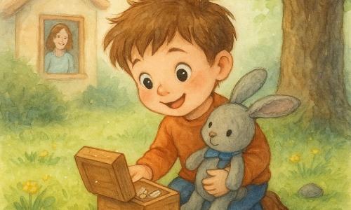 Un garçon de 4 ans, cheveux bruns en bataille, joues rosées et yeux brillants, s'agenouille au pied d'un vieux pommier pour ouvrir une petite boîte en bois d'où sort un fil rouge vif; il tient la boîte et serre contre sa poitrine une peluche lapin grise et usée au nœud bleu qui regarde la découverte; la mère d'environ 30 ans, souriante, apparaît en arrière-plan sur le perron à gauche; la pelouse verte, parsemée de petites fleurs jaunes, quelques cailloux lisses et un buisson ombragé encadrent la scène lumineuse où le garçon trouve, avec émerveillement, quelques cailloux brillants et une plume, dégageant douceur, curiosité et sécurité.
