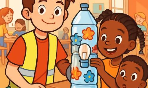 Martin, un garçon de 12 ans aux cheveux bruns en bataille et aux yeux curieux, se tient au centre de l'image, vêtu d'un t-shirt rouge et d'un gilet fluorescent. À ses côtés, Fanta, une petite fille de 10 ans avec des tresses et un sourire éclatant, décore une lampe en bouteilles plastiques. Oumar, son frère de 6 ans, observe, tenant une bouteille vide, prêt à aider. L'image se déroule dans un centre communautaire animé, avec des tables de bricolage et des enfants qui rient, créant une atmosphère chaleureuse. Martin et ses amis fabriquent des objets utiles pour aider les familles du quartier, illustrant leur créativité et solidarité. Les couleurs vives et les sourires transmettent un message d'espoir et d'entraide.