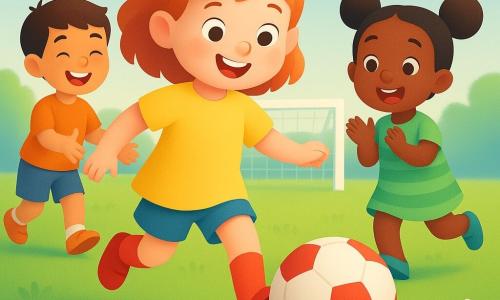 Zoé, environ 6 ans, sourit et donne un coup de pied doux à un ballon blanc et rouge au premier plan; elle porte des chaussettes rouges montantes, un short bleu et une tunique jaune. Lila, aussi 6 ans, cheveux en couettes, applaudit et court à droite en maillot vert à rayures. Tom, environ 7 ans, cheveux bruns courts, rit et tend les mains pour recevoir le ballon, un peu à gauche et en retrait. Le tout se déroule sur une pelouse verte parsemée de petites fleurs, avec un but en bois blanc en arrière-plan et un ciel bleu clair; lumière douce, couleurs saturées, ambiance de jeu, partage et camaraderie.