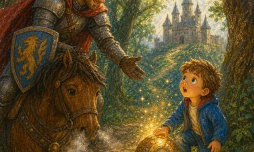 Timothée, 4 ans, cheveux châtain clair en bataille, veste bleue et jean, bouche entrouverte et yeux écarquillés, pose une main sur une petite machine ronde qui émet une douce lueur dorée ; un chevalier d’environ 30–40 ans en armure simple et cape rouge, sourire bienveillant, est assis sur un cheval brun à gauche et tend la main pour l’aider, son bouclier affichant un blason stylisé ; le cheval brun souffle de la vapeur et regarde Timothée calmement ; en arrière-plan une forêt dense de chênes laisse filtrer des rayons de lumière et, au loin, un château médiéval gris se dessine sur une colline dans une légère brume — Timothée vient d’arriver par voyage dans le temps, la machine scintille à ses pieds, le chevalier le guide vers la forêt et le château dans une atmosphère d’aventure douce et sécurisante, couleurs chaudes et contrastées, textures épaisses au pastel gras, traits arrondis et expressions lisibles pour les enfants.