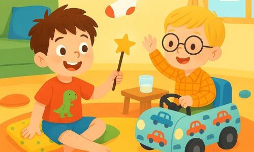 Malo, un garçon de 6 ans aux cheveux bruns en bataille, porte un t-shirt rouge avec un dinosaure et un short bleu. Il est assis sur le sol, souriant, entouré de coussins colorés. Tom, également âgé de 6 ans, a des cheveux blonds, des lunettes rondes, une chemise à carreaux et un pantalon vert. Il joue avec son fauteuil décoré de motifs de voitures, à côté de Malo. L'action se déroule dans un salon lumineux aux murs jaunes pastel, avec un grand tapis moelleux et des jouets éparpillés. Ils découvrent une vieille baguette magique sous un coussin, tandis qu'une chaussette saute sur la table et qu'un verre fait coin-coin, créant une ambiance amusante et magique.