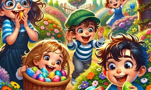 Dans un jardin fleuri, quatre amis se réunissent pour une chasse aux œufs de Pâques. Alice, 8 ans, souriante avec un panier d'œufs colorés, est près d'un cerisier. Max, 9 ans, accroupi, tient un œuf en chocolat rouge trouvé près d'un buisson. Léo, 7 ans dans un fauteuil roulant, admire un œuf doré devant lui. Clara, 8 ans, saute de joie avec un œuf vert brillant à côté de fleurs colorées. Le jardin est lumineux, rempli de fleurs vives et de papillons. Les enfants, excités, s'apprêtent à explorer le jardin à la recherche d'œufs en chocolat et d'œufs enchantés pour une aventure magique.