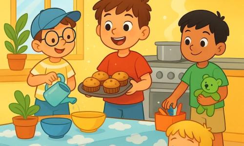 Quatre enfants sont réunis dans une cuisine ensoleillée. Léo, un garçon de 6 ans avec des cheveux bruns, porte un t-shirt rouge et tient une assiette de muffins. Tom, également âgé de 6 ans, est à gauche de Léo, versant de l'eau sur une plante, portant une casquette bleue et des lunettes rondes. Sami, à droite de Léo, range des crayons colorés avec un doudou vert à la main, vêtu d'un t-shirt vert. Hugo, accroupi, tient un camion en plastique, portant un t-shirt jaune. La cuisine est chaleureuse, avec une table en bois et des bols colorés, tandis que les enfants préparent des muffins, s'entraidant et créant une atmosphère joyeuse.