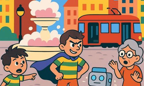 Léo, alias Super-Patate, héros comique au sourire malicieux et cape bleu‑violet qui gratte, porte un T‑shirt rayé jaune et vert, pantalon court orange et bottes rouges, retenant sa cape comme pour s'élancer; à sa gauche, un garçon émerveillé pointe la grande fontaine centrale qui crache une mousse blanche et rose débordante, à droite une vieille dame aux cheveux gris et lunettes lève les mains de surprise; au centre, un petit robot‑livreur métallique à yeux lumineux bleus roule en rond, tenant une caisse étiquetée «bananes» et affichant une expression confuse; un tramway rouge avec porte ouverte apparaît derrière et des tickets jaunes s'envolent comme des papillons; lieu : place pavée avec immeubles colorés et lampadaires — chaos drôle et dynamique, Super-Patate prêt à intervenir.