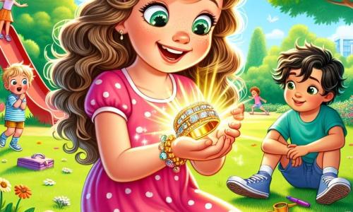 Lucie, une petite fille de 6 ans aux grands yeux brillants et cheveux châtains bouclés, porte une robe rose à pois blancs et des sandales jaunes. Agenouillée dans un parc, elle sourit en tenant un bracelet doré scintillant. À côté d'elle, Tom, un garçon de 7 ans aux cheveux blonds en bataille et t-shirt bleu, observe le bracelet avec curiosité, les bras croisés. Zoé, une fille de 6 ans aux cheveux noirs tressés, vêtue d'une jupe verte et d'un t-shirt violet, est assise sur l’herbe, dessinant des étoiles sur son carnet. Le parc ensoleillé est rempli d'arbres, de fleurs et d'un toboggan rouge, avec des rires d'enfants résonnant autour. Lucie découvre le bracelet magique, entourée de ses amis, tous intrigués par cette trouvaille qui pourrait les mener à une aventure incroyable.