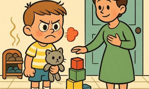Un garçon de 6 ans aux cheveux châtain clair en brosse, grands yeux bleus et joues rosées, visage tendu et bouche pincée, tient un petit chat en peluche écrasé par une tour de cubes tombée ; il porte un t-shirt jaune rayé, short bleu et chaussettes montantes, poings serrés et une petite fumée rouge-orange sort de sa poitrine pour montrer sa colère. À côté, la maman d’environ 30 ans, cheveux bruns en chignon et robe verte, se tient à une demi-longueur de bras derrière lui, main tendue et autre main sur le cœur, visage calme et bienveillant, approchant doucement pour l’apaiser. Le lieu est le hall d’une maison cosy avec porte d’entrée bleu clair, carrelage ivoire et cubes en bois colorés éparpillés au sol ; la situation principale : la tour de cubes vient de s’effondrer sur la peluche, le garçon est en colère, prêt à pleurer ou crier, tandis que la mère intervient doucement.