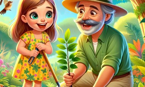 Léa, une petite fille de 6 ans aux longs cheveux bruns et aux yeux curieux, plante un jeune arbuste dans la terre. Elle porte une robe jaune à fleurs et des bottes en caoutchouc roses, souriant joyeusement. À ses côtés, Monsieur Paul, un homme d'une cinquantaine d'années avec une moustache grise et un chapeau de paille, l'encourage avec bienveillance. La scène se déroule dans une réserve naturelle verdoyante, entourée d'arbres majestueux et de fleurs colorées, avec des oiseaux chantant et un écureuil curieux observant. Léa, concentrée, creuse un trou pour l'arbuste pendant que Monsieur Paul lui explique l'importance de protéger les abeilles et la nature.