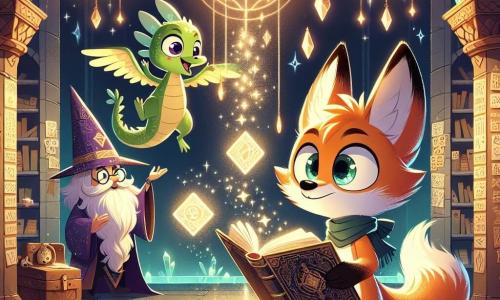 Félix, un renard orange vif aux yeux pétillants, se tient au centre d'une salle magique avec un grand livre flottant devant lui. Il est curieux, sa queue en panache se dressant derrière lui. À ses côtés, Ziggy, un petit dragon vert aux écailles brillantes et aux ailes translucides, virevolte joyeusement, prêt à faire une blague. Un sorcier à la barbe hirsute et aux lunettes démesurées observe la scène avec étonnement, les bras croisés. La salle est remplie de cristaux scintillants et de runes lumineuses, créant une atmosphère féerique. Félix découvre le grimoire flottant, entouré de magie, tandis que Ziggy et le sorcier se préparent à l'aider dans une aventure pleine de surprises.