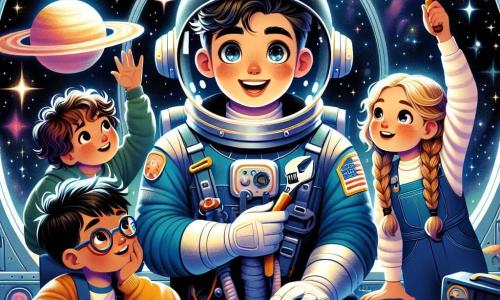 Un astronaute nommé Marco, avec un casque brillant et une combinaison spatiale bleue, sourit en réparant un tableau de bord dans son vaisseau spatial. Trois enfants, deux garçons et une fille d'environ 8 ans, l'observent avec émerveillement. Le premier garçon lève les bras en signe d'excitation, la fille pointe une étoile brillante à travers le hublot, et le deuxième garçon prend des notes. Le vaisseau flotte dans un ciel étoilé, entouré de planètes colorées et de nébuleuses scintillantes, créant une atmosphère magique. Marco répare le tableau de bord tandis que les enfants rêvent de devenir astronautes.