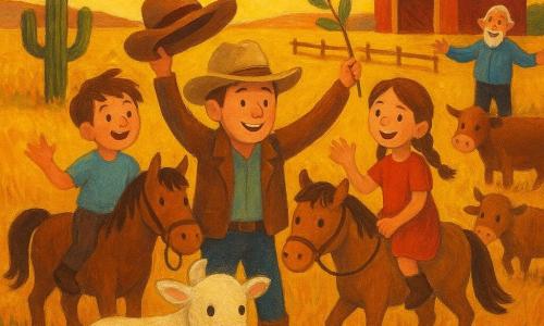 Tom, cow-boy souriant en chapeau beige et veste en cuir, tient la bride de son cheval Biscotte et marche vers une petite vache blanche timide ; Lou, fille de 9 ans aux nattes et robe rouge, guide les vaches depuis le poney Pompom en agitant une branche, Sam, garçon de 9 ans en T‑shirt jaune, chante et fait signe depuis le poney Choco, et le petit Chico, âgé d’environ 6 ans, rit et agite son chapeau derrière Tom ; Monsieur Jack, vieux fermier souriant, se tient près de la clôture, soulagé. En arrière-plan une prairie dorée au coucher du soleil avec herbes ondulantes, un vieux cactus à gauche, une rivière scintillante, une vieille grange rouge et une barrière en bois ; palette chaude et texture de peinture acrylique, atmosphère chaleureuse d’entraide pour ramener les vaches à la ferme.