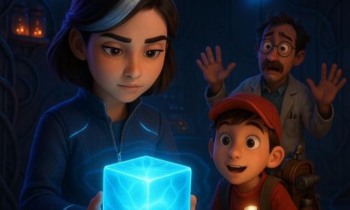 Luma Vortex, jeune femme au visage déterminé et doux et mèche argentée, porte une veste bleu nuit à lignes lumineuses et tient un cube bleu-océan qui libère une onde de lumière apaisante ; à droite, Milo Météore, garçon d'environ 12 ans en casquette rouge et sac à dos de gadgets, tient une petite lampe et regarde émerveillé ; en arrière-plan Pulse‑Piège, homme moustachu en blouse tachée, lunettes rondes, mains levées près d'une console, paraît penaud ; le hangar métallique sombre, câbles enchevêtrés, bocaux d'étincelles sur étagères, entonnoir au plafond, néons bleus et violets vacillants et sol collant à confettis créent une ambiance tendue qui se transforme en soulagement, avec forts contrastes d'ombres grises et de lumières bleues ; style : textures lisses, couleurs saturées, expressions chaleureuses, composition centrée sur le cube lumineux.