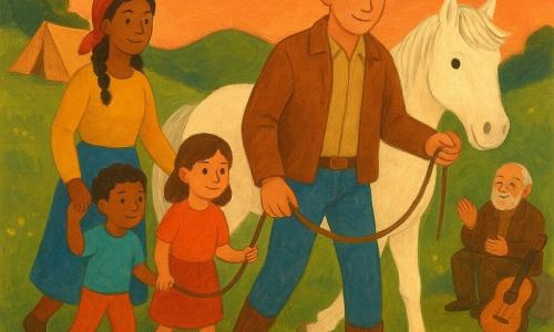 Tom, jeune homme au visage souriant et calme, chapeau de cowboy beige, veste marron et bottes usées, guide doucement un troupeau de petites brebis en descendant une colline à côté de son cheval blanc Étoile aux sabots prudents ; Mira, jeune fille d’environ 18 ans aux cheveux tressés et foulard rouge, tient la main d’un enfant et participe à une chaîne humaine formée avec un garçon d’environ 8 ans et une fille d’environ 6 ans qui tiennent une corde légère, tandis qu’un homme âgé d’environ 70 ans, visage ridé et veste en cuir, applaudit près du feu en souriant avec une vieille guitare appuyée contre sa jambe ; le camp, au pied d’une colline herbeuse parsemée de fleurs jaunes, comprend un feu de camp entouré de pierres, des tentes beiges et un ciel crépusculaire orange-rose, créant une atmosphère chaleureuse et sécurisante aux couleurs chaudes et textures gouache.