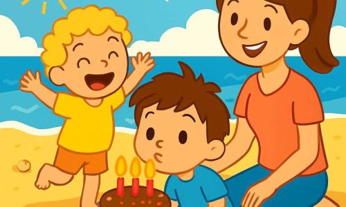 Il y a trois personnages : Nino, un petit garçon de 3 ans aux cheveux bruns en bataille et aux yeux pétillants, portant un t-shirt bleu et un short rouge, assis sur le sable en train de souffler sur les bougies de son gâteau d'anniversaire ; Mathis, également âgé de 3 ans, avec des cheveux blonds frisés et un t-shirt jaune, debout à côté de Nino, sautillant de joie ; et Maman, une femme souriante d'une trentaine d'années, avec des cheveux bruns attachés en queue de cheval, assise sur une nappe colorée, tenant un plateau avec le gâteau au chocolat et des fruits. La scène se déroule sur une plage ensoleillée avec du sable doré, des vagues douces en arrière-plan, des mouettes dans le ciel bleu et quelques coquillages au sol. Nino souffle sur les bougies, Mathis applaudit et Maman les regarde avec tendresse, créant une atmosphère festive et magique.