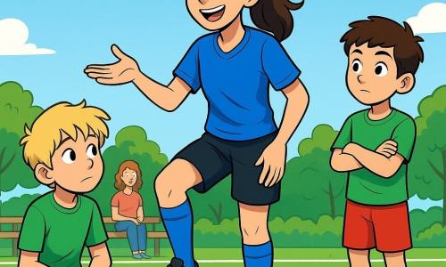 Maya, une femme avec des cheveux bruns en queue de cheval, est au centre de l'image, vêtue d'un maillot de football bleu vif, d'un short noir et de crampons. Elle exprime joie et détermination en montrant aux enfants comment faire une passe avec un ballon à ses pieds. À sa droite, Tom, 9 ans, avec des cheveux blonds en bataille et un maillot vert, écoute attentivement. À sa gauche, Samir, 10 ans, avec des cheveux bruns et un short rouge, se tient debout, les bras croisés, curieux. Le décor est un petit stade en plein air avec une pelouse verte, des parents souriants sur des bancs en bois et un ciel bleu parsemé de nuages. Maya explique aux enfants l'importance de l'écoute sur le terrain, captivant leur attention.