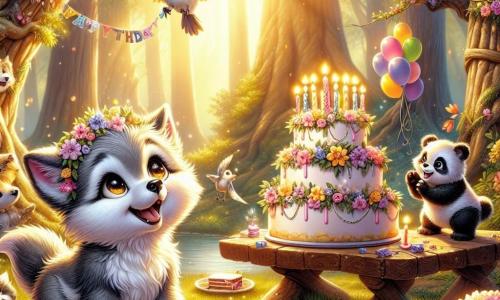 Illustration d'un petit loup gris avec un pelage doux et des yeux malicieux, assis sous un grand arbre, souriant de joie en tenant un collier de fleurs, admirant un gâteau d'anniversaire. À ses côtés, un petit panda joyeux applaudit sur ses pattes arrière, tandis qu'un moineau chante sur une branche. La scène se déroule dans une clairière enchantée, baignée de lumière dorée, entourée d'arbres majestueux et de fleurs éclatantes. Au centre, une grande table en bois porte un énorme gâteau décoré de bougies et de guirlandes. Le loup découvre la surprise de son anniversaire, entouré de ses amis animaux, avec des ballons colorés et des rires résonnant dans la forêt, créant une ambiance festive.