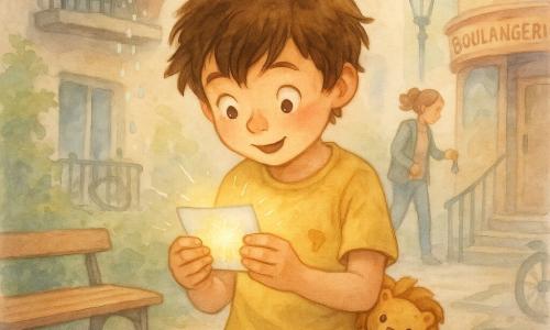 Noé, garçon de 8 ans aux cheveux bruns en bataille, t-shirt jaune taché de confiture et jeans courts, tient à deux mains une petite carte en papier qui brille, visage émerveillé et la tête penchée; un doudou Mini‑Lion en peluche, doux et râpé, sort à moitié de sa poche et le semble encourager; en arrière‑plan à droite, sa mère d’environ 35 ans, cheveux attachés et veste légère, cherche ses clés à la porte, silhouette floue; à gauche, une voisine d’environ 60 ans arrose des géraniums depuis un balcon et quelques gouttes tombent vers la carte; décor : cour d’immeuble urbaine pavée avec un petit banc en bois, une boulangerie à l’angle à vitrine arrondie, un lampadaire et des marches vers le local à vélos, textures aquarelle et couleurs pastel chaudes; ambiance : découverte d’une carte au trésor mouillée par une goutte qui la fait briller, lumière douce du matin, composition centrée sur les mains et la carte, atmosphère d’aventure douce et curieuse.