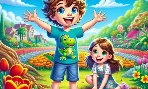 Maxime, un garçon de 8 ans aux cheveux bouclés et aux yeux pétillants, se tient dans un jardin coloré, souriant avec les bras ouverts. Il porte un t-shirt à motifs de dinosaures et des shorts, avec des chaussures rouges. À ses côtés, Clara, une fille de 8 ans aux cheveux longs et bruns, en robe à fleurs, s'agenouille pour planter des graines, excitée. Le jardin est rempli de fleurs éclatantes : tulipes rouges, jonquilles jaunes et pélargoniums roses, avec des abeilles autour. Un vieux chêne majestueux offre de l'ombre, tandis que le ciel bleu est parsemé de nuages blancs. Maxime et Clara, impatients, plantent des graines, entourés par la beauté du printemps.