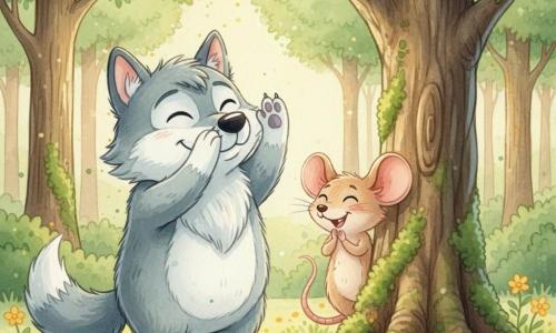 Loup doux et rond au pelage gris-bleu clair avec touches blanches, grands yeux brillants, expression joyeuse et malicieuse, museau souriant, compte les yeux fermés et lève une patte pour se cacher ; petite souris beige rosée, fine et ronde, grandes oreilles roses, yeux noirs pétillants, se dissimule derrière un tronc mousseux en regardant en coin et riant doucement ; le loup à centre-gauche, la souris à centre-droit séparés par un grand arbre ; forêt enchantée verte aux troncs bruns tachetés, feuilles vertes dégradées, tapis de mousse et petites fleurs jaunes, rayons de soleil dorés ; scène de cache-cache joyeuse dans une clairière, ambiance tendre et lumineuse, mouvements fluides, couleurs douces et contrastes légers, style aquarelle enfantin avec contours subtils et éclaboussures contrôlées.