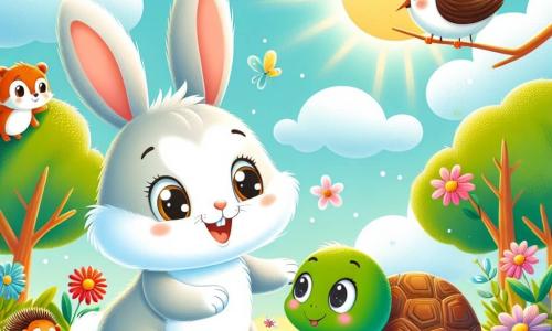 Léo, un petit lapin aux poils blancs et aux grandes oreilles, saute dans un jardin ensoleillé avec un sourire. À ses côtés, Tilly, une tortue à la carapace verte, marche doucement avec un sourire timide. Le jardin est rempli de fleurs colorées, d'herbe verte et d'un ciel bleu. Ils jouent ensemble avec leurs amis : un écureuil roux grimpant à un arbre, un oiseau jaune chantant sur une branche, et un hérisson souriant. La scène respire la joie et l'amitié, montrant Léo invitant Tilly à jouer dans ce cadre enchanteur.