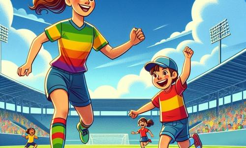 Clara, une jeune femme athlétique aux cheveux bruns en queue de cheval, porte un maillot coloré et un short de football. Son visage exprime joie et détermination alors qu'elle dribble un ballon sur le terrain, souriante. Un petit garçon de 8 ans, avec une casquette à l'envers et un t-shirt vif, court derrière elle en riant, tandis qu'une petite fille de 7 ans avec des couettes, en robe de sport, l'encourage en levant les bras. Le lieu est un grand stade ensoleillé avec une pelouse verte et des gradins remplis d'enfants et de familles applaudissant. Clara dribble habilement le ballon, créant une atmosphère de joie et de camaraderie.