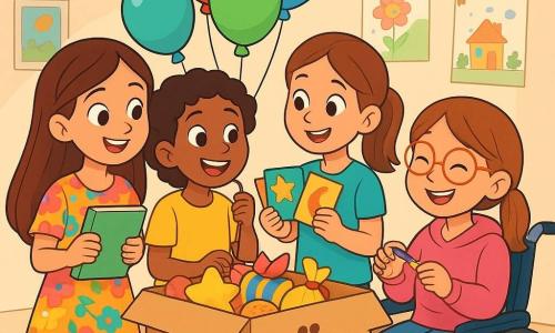 Quatre enfants se réunissent pour préparer une boîte à merveilles pour l'Aïd. Amira, 9 ans, a de longs cheveux bruns et porte une robe colorée. Lina, 8 ans, avec des cheveux bouclés, est en t-shirt jaune et tient des ballons. Maïssa, 9 ans, avec des cheveux lisses en queue de cheval, porte un t-shirt bleu et a des cartes décorées. Yasmine, 9 ans, en fauteuil roulant, a des cheveux châtains, des lunettes et un pull rose. Ils sont dans une chambre lumineuse, décorée de guirlandes et de dessins, entourés de ballons et de petits gâteaux, créant une ambiance joyeuse et festive.