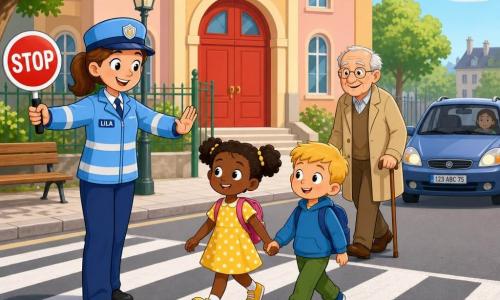 La policière Lila, souriante et rassurante en uniforme bleu ciel avec chapeau rond et bandes réfléchissantes, tient une pancarte STOP pour arrêter la circulation tandis que la fillette Léa (6 ans, couettes, robe jaune à pois) et son ami garçon (6 ans, cheveux blonds, pantalon vert) traversent main dans la main sur le passage piéton; M. Paul, environ 70 ans avec canne et manteau beige, traverse lentement derrière eux; lieu devant une école colorée à grande porte rouge, trottoir et passage piéton marqués, arbre, banc et voiture arrêtée; ambiance sûre, calme et ensoleillée.