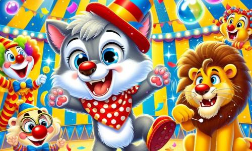Un petit loup joyeux, avec un pelage gris et des yeux pétillants, porte un foulard rouge à pois blancs. Il saute de joie, souriant, entouré de confettis colorés. À côté, un clown rigolo avec un nez rouge et de grands souliers jaunes fait des grimaces en riant. Un lion amical souffle des bulles de savon qui flottent dans l’air. La scène se déroule sous un chapiteau de cirque immense, rayé de jaune et de bleu, rempli de lumières scintillantes. Le petit loup et ses amis s’amusent dans une ambiance joyeuse, célébrant la magie du cirque.