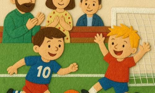 Julien, environ 10 ans, visage rond et sourire large, passe en courant un ballon orange à Lucas, aussi ~10 ans, qui reçoit près du but et tire pour marquer ; l'entraîneur souriant en casquette verte et deux parents applaudissent sur la touche ; terrain de quartier aux couleurs vives, textures et bords en feutrine et couture apparente pour un rendu chaud et tactile.