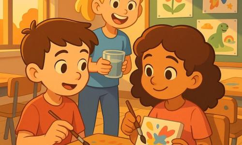Trois enfants d’environ 8 ans dans une salle de classe lumineuse : Léo, garçon à peau claire et cheveux bruns courts, assis à gauche, montre une technique de peinture à sa voisine en tenant un pinceau ; Nora, fille à peau légèrement hâlée et cheveux châtain bouclés, assise à droite, sourit timidement en tenant une petite toile qu’elle commence à peindre ; Clara, fille à peau claire et cheveux blonds en queue, debout derrière eux, regarde avec enthousiasme et tient un pot d’eau pour rincer les pinceaux. La pièce a de grandes fenêtres laissant entrer une lumière dorée, tables en bois tachées de peinture, bocaux de pinceaux, pots de gouache vives et affiches peintes d’enfants aux murs. Des éclaboussures de couleur sur la toile et la table, ambiance chaleureuse, inclusive et bienveillante.