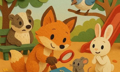 Un petit renard roux nommé Léo, fourrure en papier déchiré, tenant une loupe rouge devant une boîte à musique bleue sur un coussin ; Mimi la souris grise, timide, mains sur la bouche ; Hugo le blaireau crème, gêné mais protecteur près d’un banc vert ; Lila la bergeronnette bleu clair perchée au-dessus avec une plume tombée ; Oscar le lapin blanc, enthousiaste près d’un toboggan rouge ; tous réunis dans un square en papier découpé (arbres, banc, toboggan, bac à sable) autour d’une boîte qui brille légèrement, ambiance d’enquête douce, couleurs chaudes et textures papier.