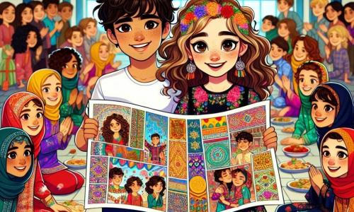 Au centre de l'image, Camille, 12 ans, sourit joyeusement. Elle porte un t-shirt coloré et un short en jean, tenant une grande affiche illustrant sa culture et celle de son ami. À ses côtés, Amir, un garçon afghan de 12 ans, sourit timidement, vêtu d'une chemise traditionnelle. Ils se trouvent dans le gymnase de l'école, décoré de guirlandes colorées et entouré d'élèves de diverses origines, captivés par leur présentation. Ils partagent leurs histoires culturelles, symbolisant la beauté de la diversité et de l'amitié.