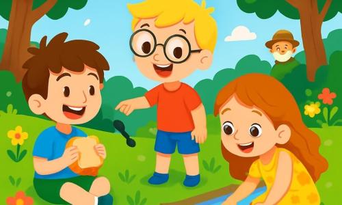 Il y a trois personnages : Léo, un garçon de 8 ans aux cheveux bruns en bataille, assis sur l'herbe avec un sandwich ; Tom, un garçon de 8 ans aux cheveux blonds et lunettes rondes, debout à côté de Léo montrant un têtard dans l'eau ; et Léa, une fille de 7 ans aux cheveux longs et bouclés, accroupie près de la rivière observant les poissons. L'action se déroule au bord d'une rivière scintillante, entourée d'arbres et de fleurs colorées, sous un ciel bleu parsemé de nuages. Les enfants explorent la rivière, émerveillés par la nature, tandis qu'un vieux pêcheur les observe au loin.