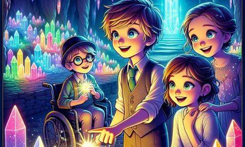 Dans une grotte mystérieuse illuminée par des cristaux scintillants, quatre enfants admirent un cristal légendaire capable de réaliser un vœu. Lucas, au centre, est émerveillé, tandis qu'Emma, souriante, tient un origami en forme d'étoile. Chloé, en fauteuil roulant, observe les couleurs des cristaux, et Tom, en arrière, sourit rêveusement. L'atmosphère magique est accentuée par les lumières douces et les reflets dansants sur les murs. Les enfants se préparent à formuler un souhait pour unir la Terre et Luminara.