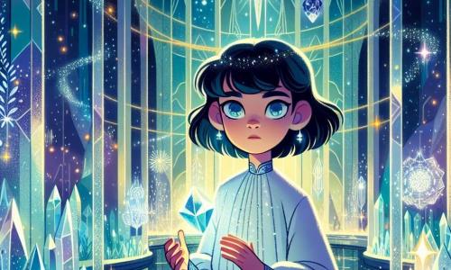 Lyra, une jeune femme aux cheveux noirs et aux yeux curieux, se trouve au centre d'un palais de cristal flottant dans l'espace. Son visage montre détermination et émerveillement alors qu'elle tient le Cristal des Destinées, une gemme éclatante diffusant des couleurs chatoyantes. À ses côtés, Orion, un esprit stellaire aux formes changeantes, brille d'une lumière douce et flotte légèrement, admirant Lyra avec fierté. Le palais, majestueux et entièrement en cristal transparent, reflète les lumières des étoiles et crée une atmosphère magique. Lyra, émue et responsable, est prête à utiliser le pouvoir du Cristal pour apporter l'harmonie entre les mondes, soutenue par le sourire d'Orion.