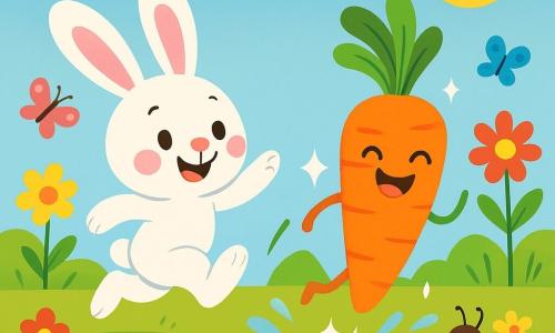 Pipo le lapin est un petit lapin aux grandes oreilles, avec un pelage blanc et des joues roses. Il sourit joyeusement et a des yeux pétillants. Il saute dans le jardin, poursuivant une carotte magique qui roule et brille. La carotte, orange vif avec des feuilles vertes, a une expression malicieuse. Un petit ver de terre marron sort d'un trou, curieux, tandis qu'une fourmi noire applaudit en riant. Le jardin est rempli de fleurs colorées et de papillons, avec une mare scintillante au soleil. Pipo saute après la carotte qui éclabousse dans la mare, créant des gouttes d'eau brillantes.