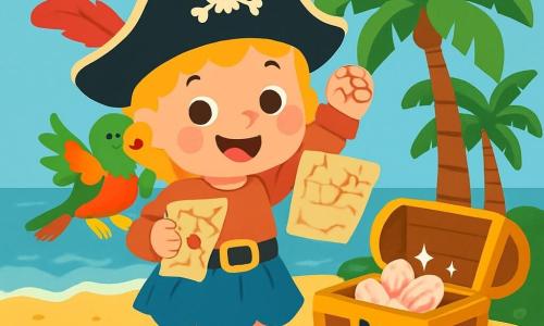Zoé, petite pirate aux cheveux bouclés et dorés, porte un chapeau noir avec une plume rouge. Elle sourit joyeusement, tenant une carte au trésor d'une main et levant l'autre en signe de victoire. Jojo, le perroquet coloré, est sur son épaule, battant des ailes et répétant "Courage !" La scène se déroule sur une île tropicale avec des palmiers, du sable doré et des coquillages. En arrière-plan, un océan bleu clair et des vagues douces. Zoé et Jojo ont découvert un coffre au trésor sous un cocotier, rempli de coquillages brillants, et Zoé est prête à partager sa découverte.