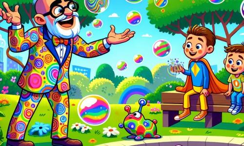 Monsieur Froussard est un homme joyeux en costume multicolore à motifs de bulles de savon, jonglant avec des bulles géantes. À ses côtés, le Dr Drôle, un homme d'environ 30 ans en costume orange vif et cape flottante, jongle avec des canards en plastique. L'Escargot Vitesse, un garçon de 10 ans, rampe avec une cape brillante, admirant les deux jongleurs. La scène se déroule dans un parc ensoleillé de Rigolopolis, où les arbres dansent et les fleurs s'épanouissent. Monsieur Froussard et le Dr Drôle préparent des blagues pour faire rire un monstre en guimauve triste assis sur un banc, dans une atmosphère joyeuse et colorée.