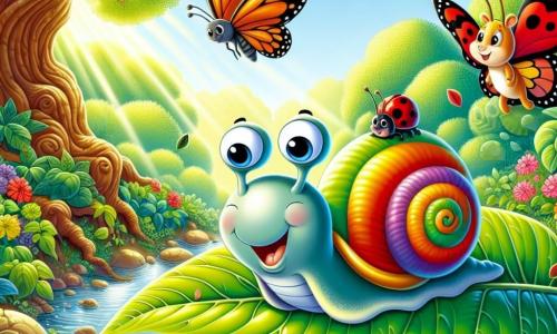 Un escargot nommé Émile, avec une coquille colorée, se tient sur une grande feuille verte, exprimant détermination et joie. À côté de lui, un papillon nommé Lila vole autour, tandis qu'une coccinelle rouge, Coco, l'admire. Le décor est un jardin luxuriant avec des fleurs éclatantes, de grands arbres et un ruisseau scintillant. Émile est prêt à traverser le ruisseau sur une feuille flottante, entouré de ses amis qui l'encouragent, illustrant leur courage et leur esprit d'aventure.