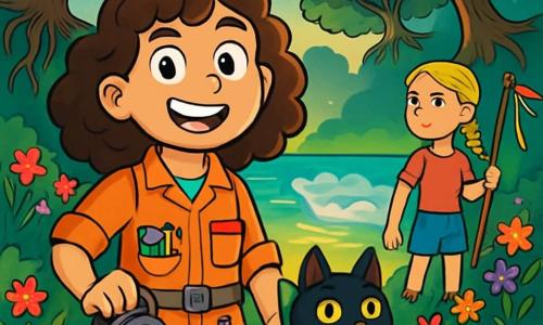 Une fille de 12 ans, Camille, avec des cheveux châtains bouclés et des yeux curieux, se tient au bord d'un lac scintillant, souriante. Elle porte une combinaison de bricoleuse avec des poches pleines d'outils et tient une lampe frontale. À ses côtés, un chat noir aux yeux verts, Gaspard, observe attentivement, curieux et inquiet. Un peu plus loin, Zoé, également âgée de 12 ans, avec des cheveux blonds tressés, regarde le paysage en tenant une perche ornée de rubans colorés. Le décor est une forêt magique avec des arbres aux racines dans le ciel et des branches dans la terre, autour d'un immense lac aux reflets dorés, entouré de fleurs éclatantes. Camille et Zoé sont prêtes à traverser le lac sur une barque de brume, déterminées et excitées, tandis que Gaspard les accompagne, curieux de ce qui les attend.